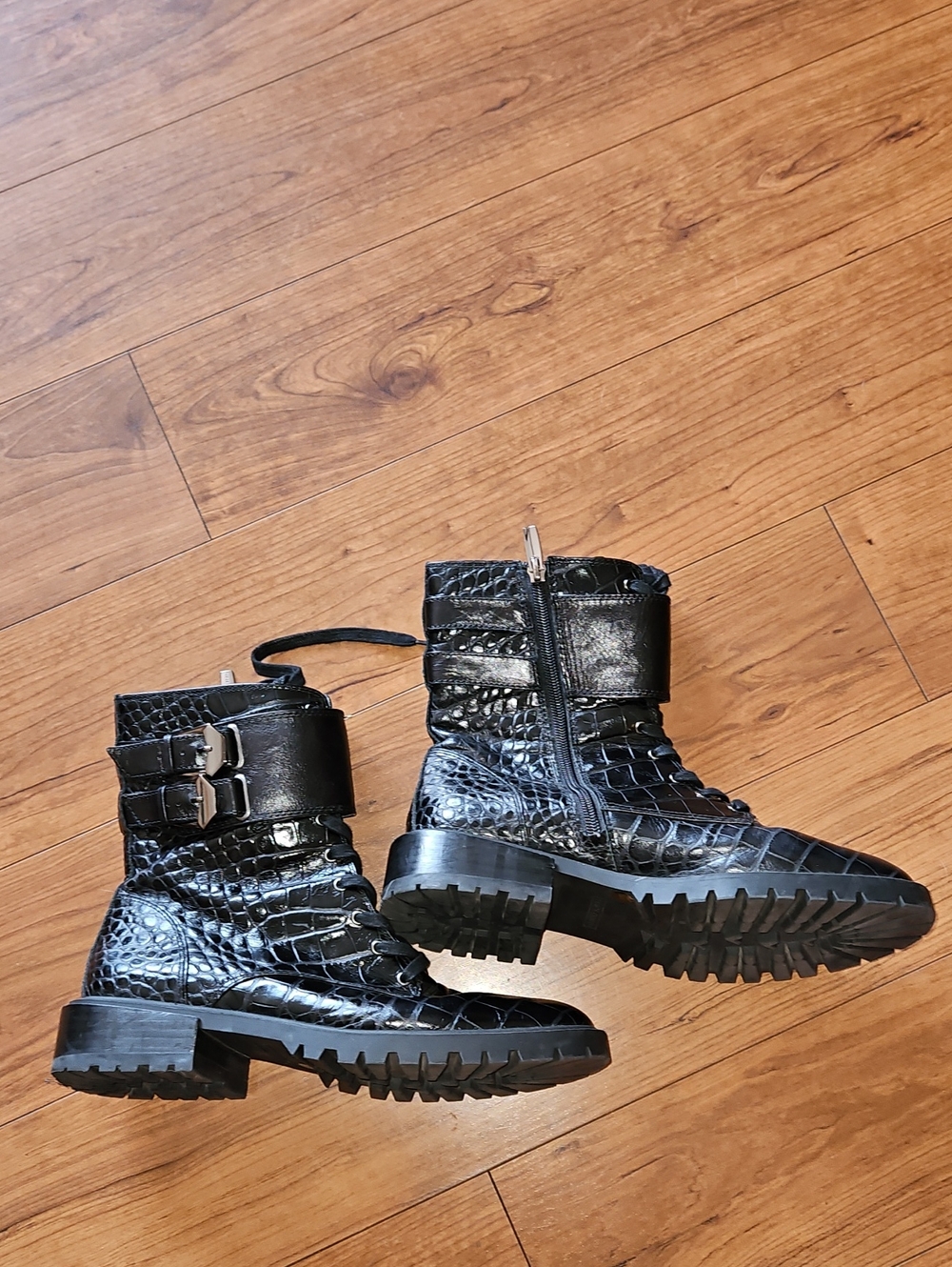 Vince Camuto Fawdry Leather  Black Croc-Embossed Lace-Up Boots